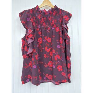 Sanctuary Womens Top Size L Multicolor Floral Smocked Ruffle Flutter Cap Sleeve